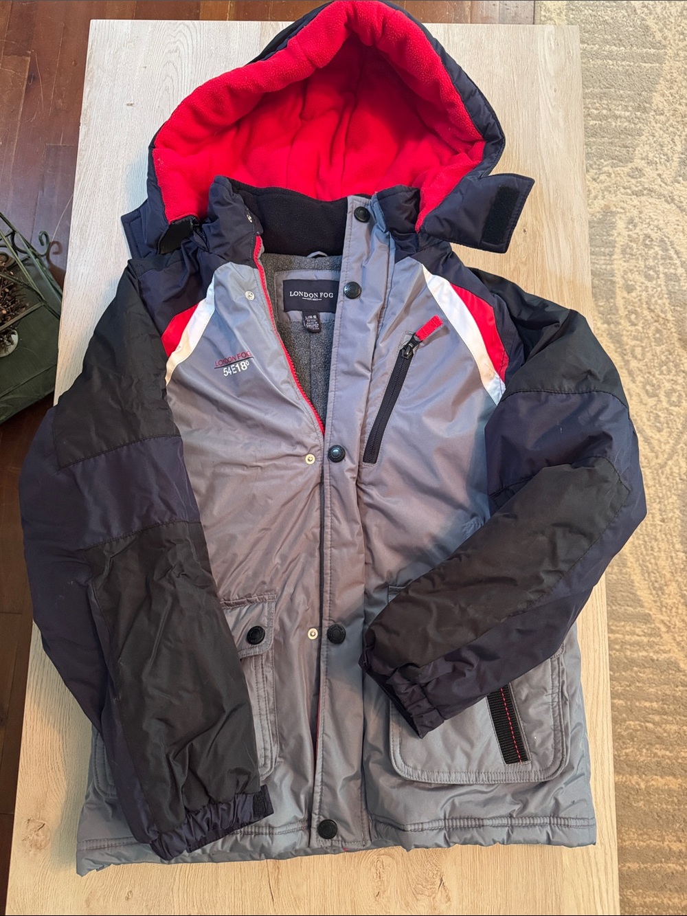 London Fog Gray Jacket with Black Accents and Red Lining